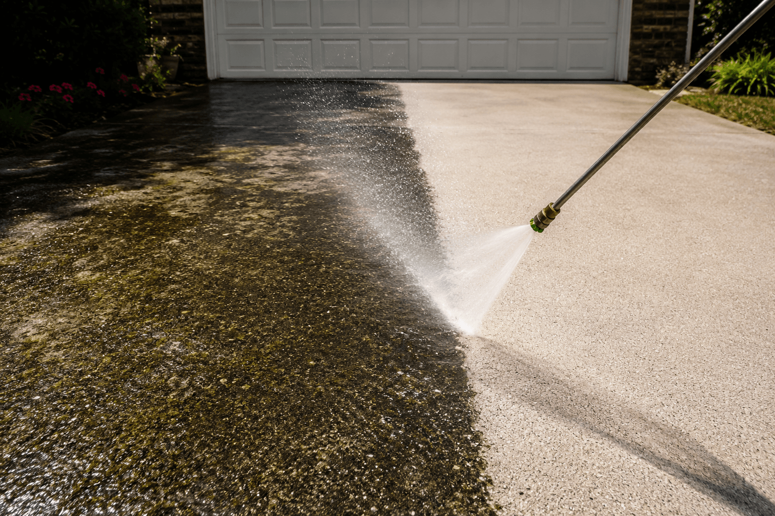 Professional pressure washing driveway before and after